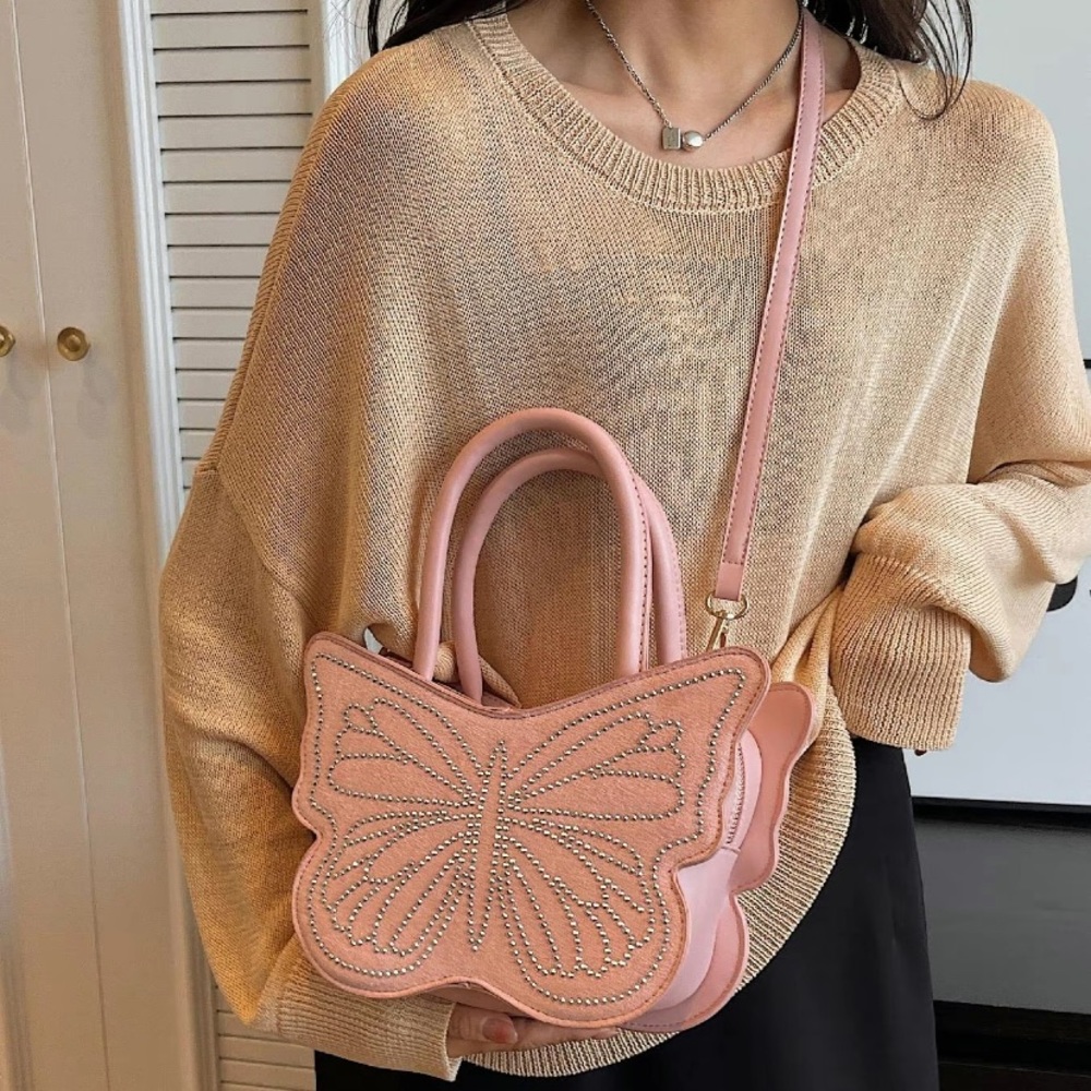 Pink Y2K Butterfly Purse w/ Silver Studs Wrist and Removable Shoulder Straps